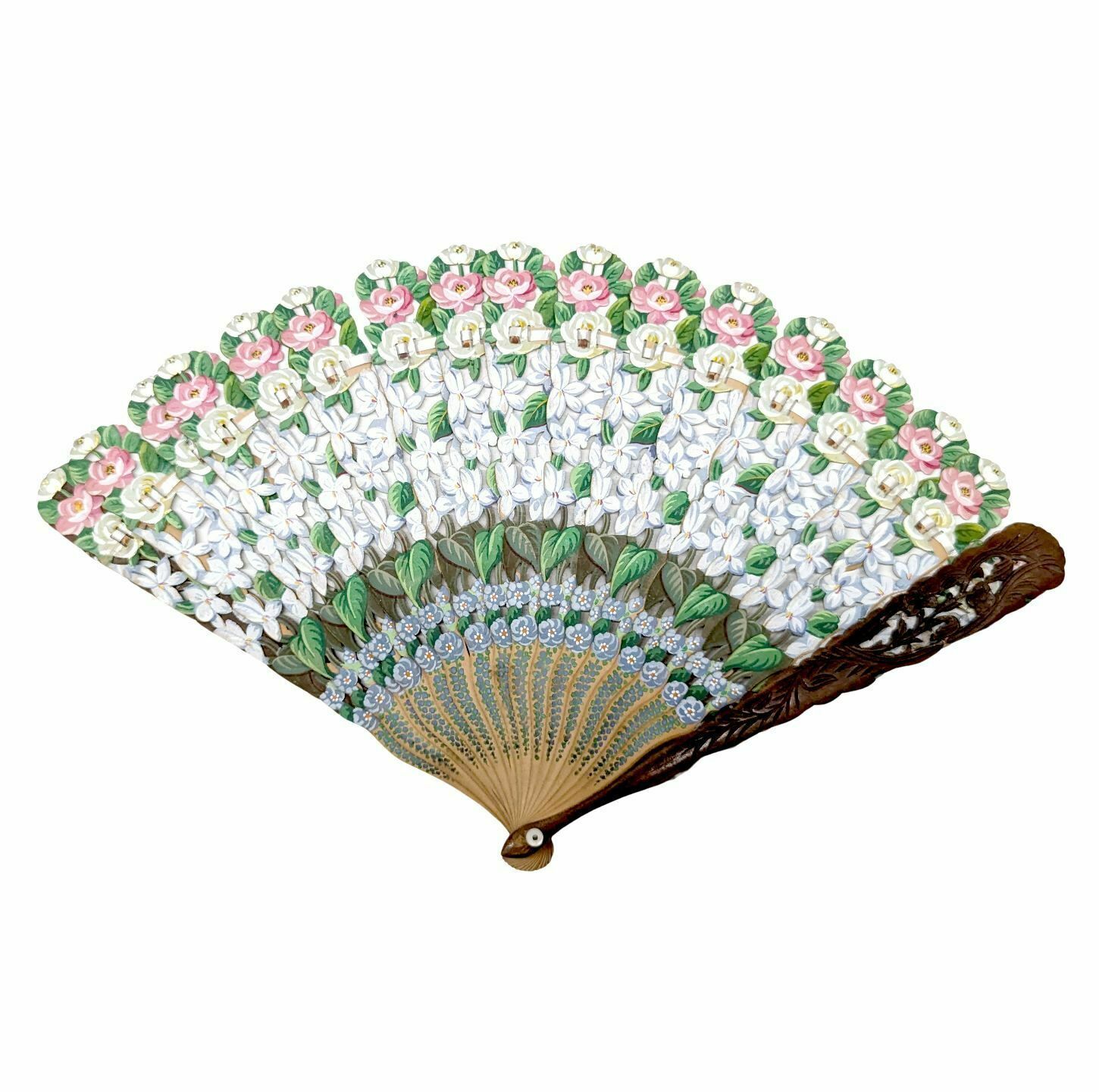 Napoleon III Period Wooden Floral Fan With Gouache Decoration