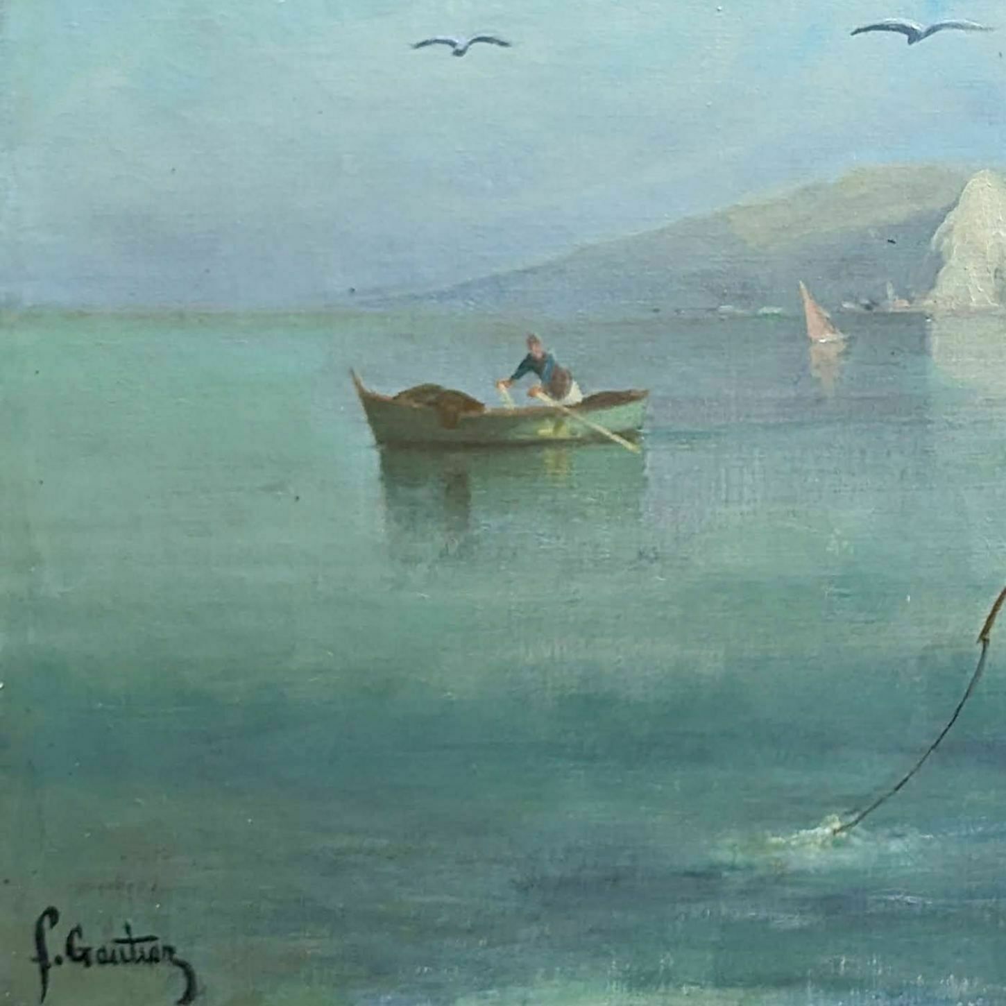 Oil On Canvas Fisherman By The Sea By F. Gautier photo vintage