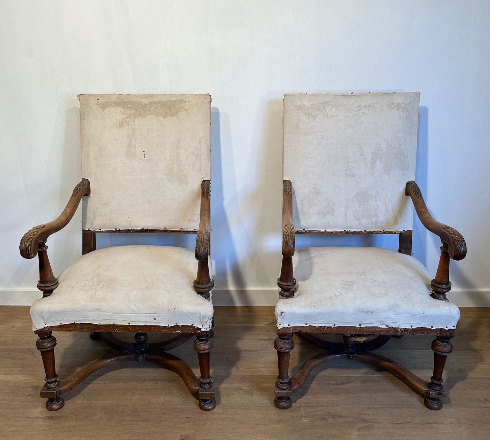 Pair Of Louis XIII Style High Back Walnut Armchairs