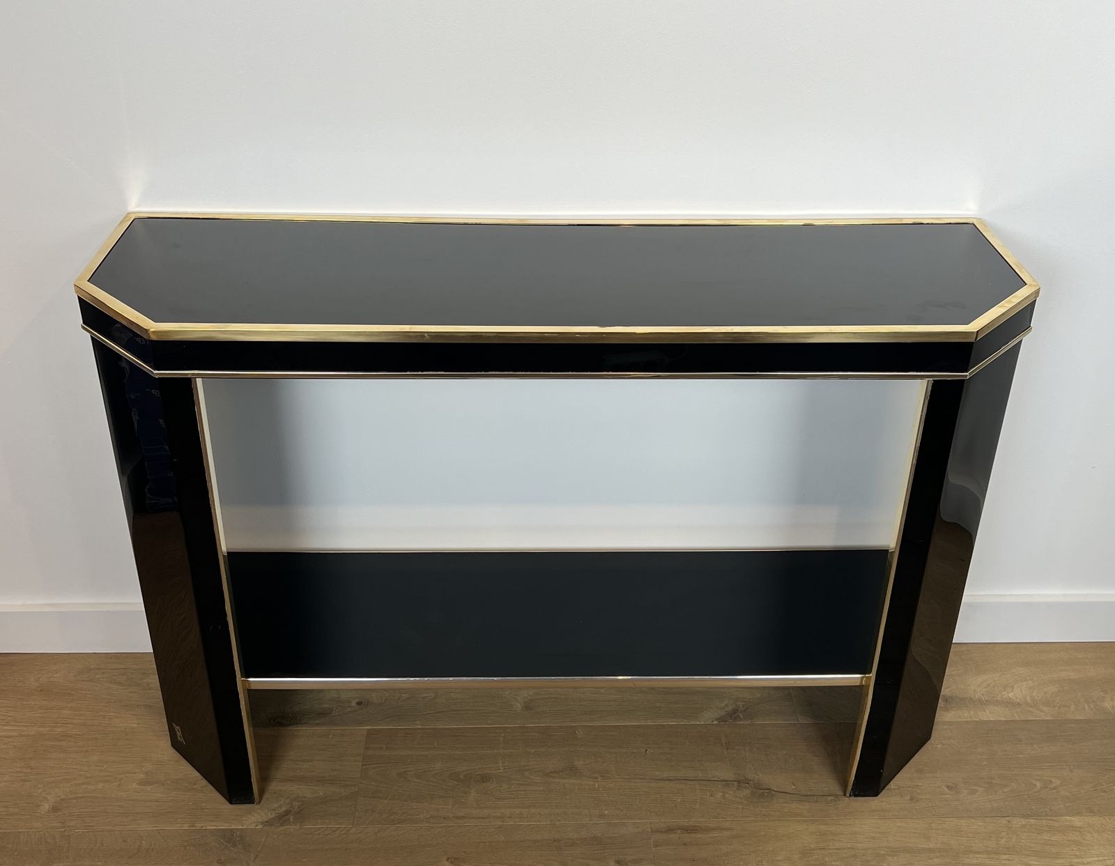 Console In Black Lacquer And Gold Metal Signed Jean Claude Mahey