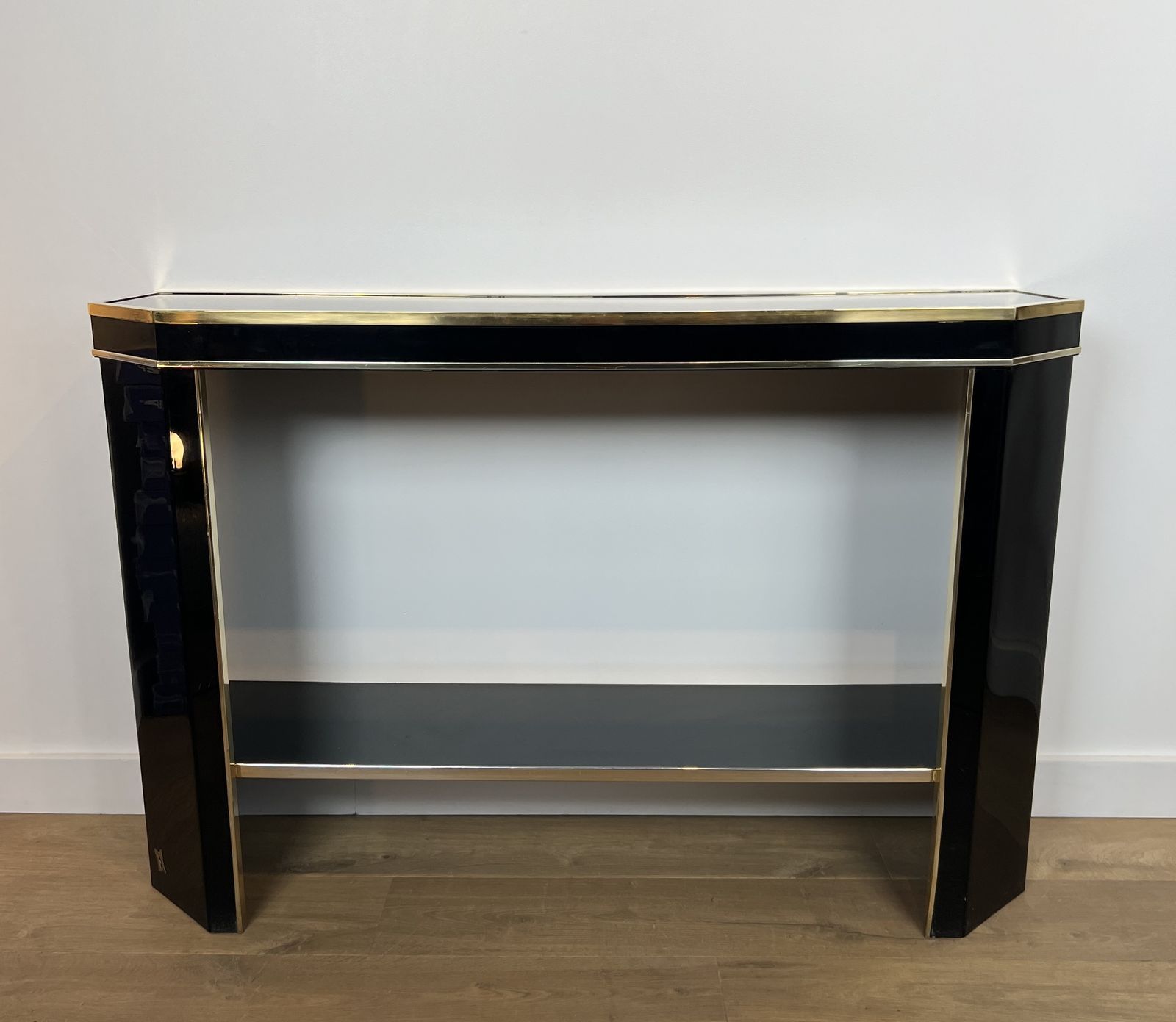 Console In Black Lacquer And Gold Metal Signed Jean Claude Mahey photo for sale