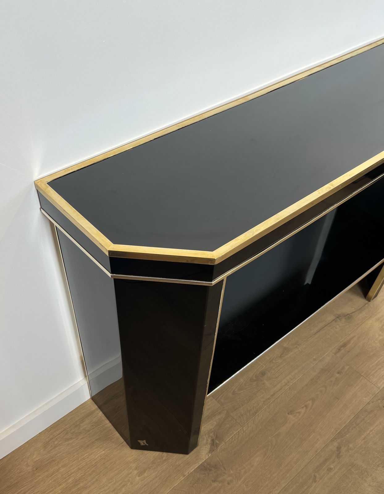 photo buy Console In Black Lacquer And Gold Metal Signed Jean Claude Mahey