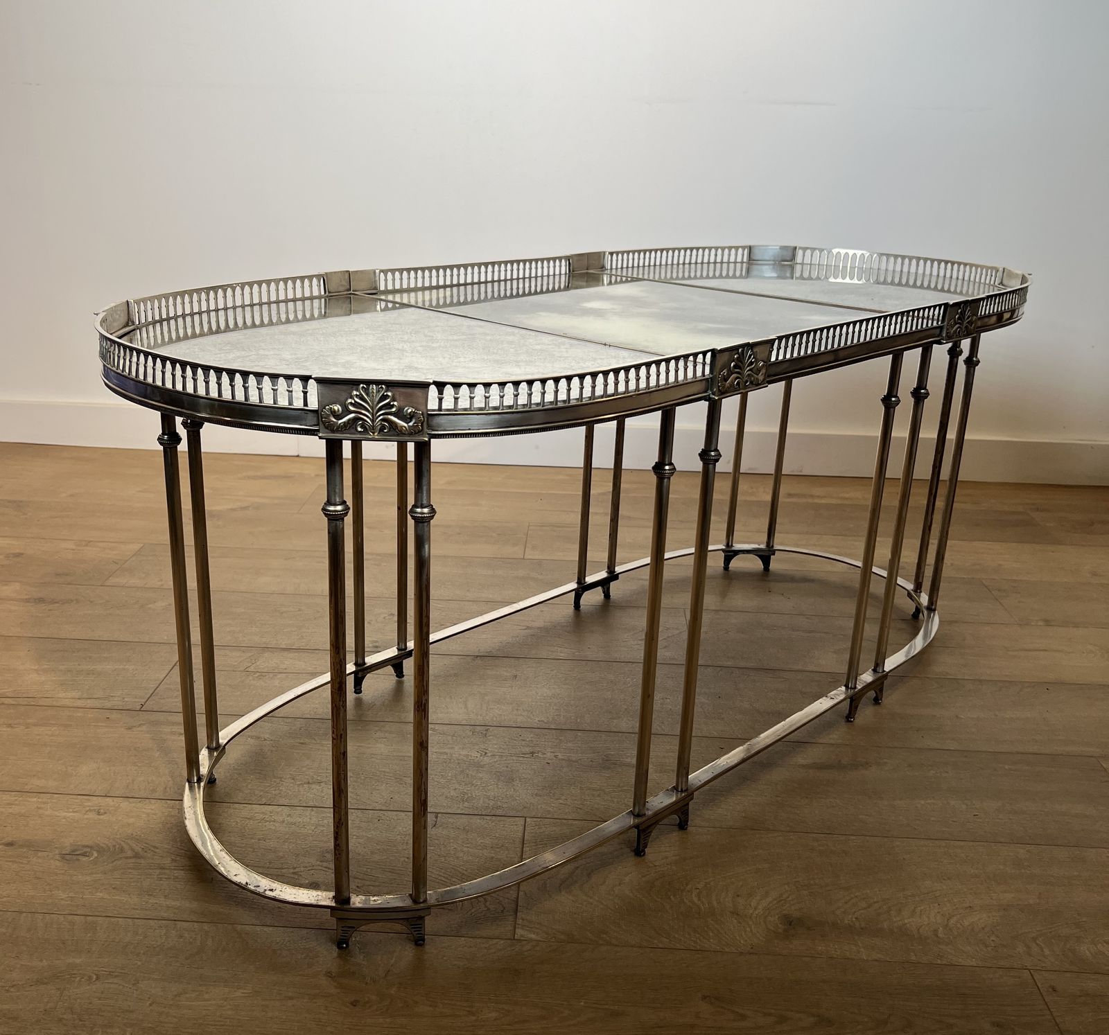 Neoclassical Style Coffee Table In Silver Metal And Aged Mirror Tops photo 4950.0