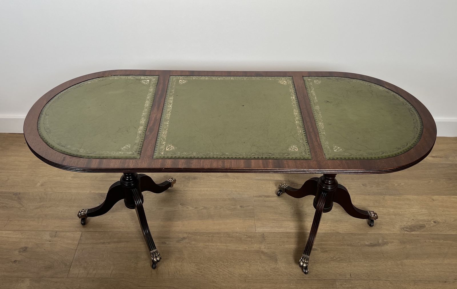 Neoclassical Style Coffee Table In Mahogany, Bronze Claw Legs And Green Leather Tops