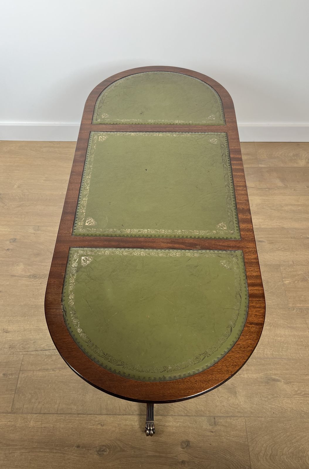 Neoclassical Style Coffee Table In Mahogany, Bronze Claw Legs And Green Leather Tops photo 1450.0