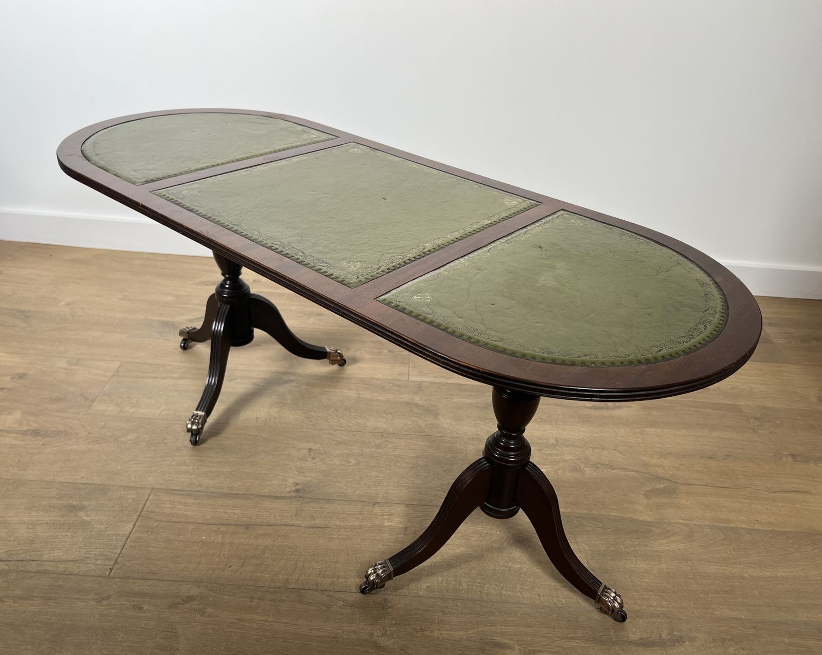 Neoclassical Style Coffee Table In Mahogany, Bronze Claw Legs And Green Leather Tops photo vinterior