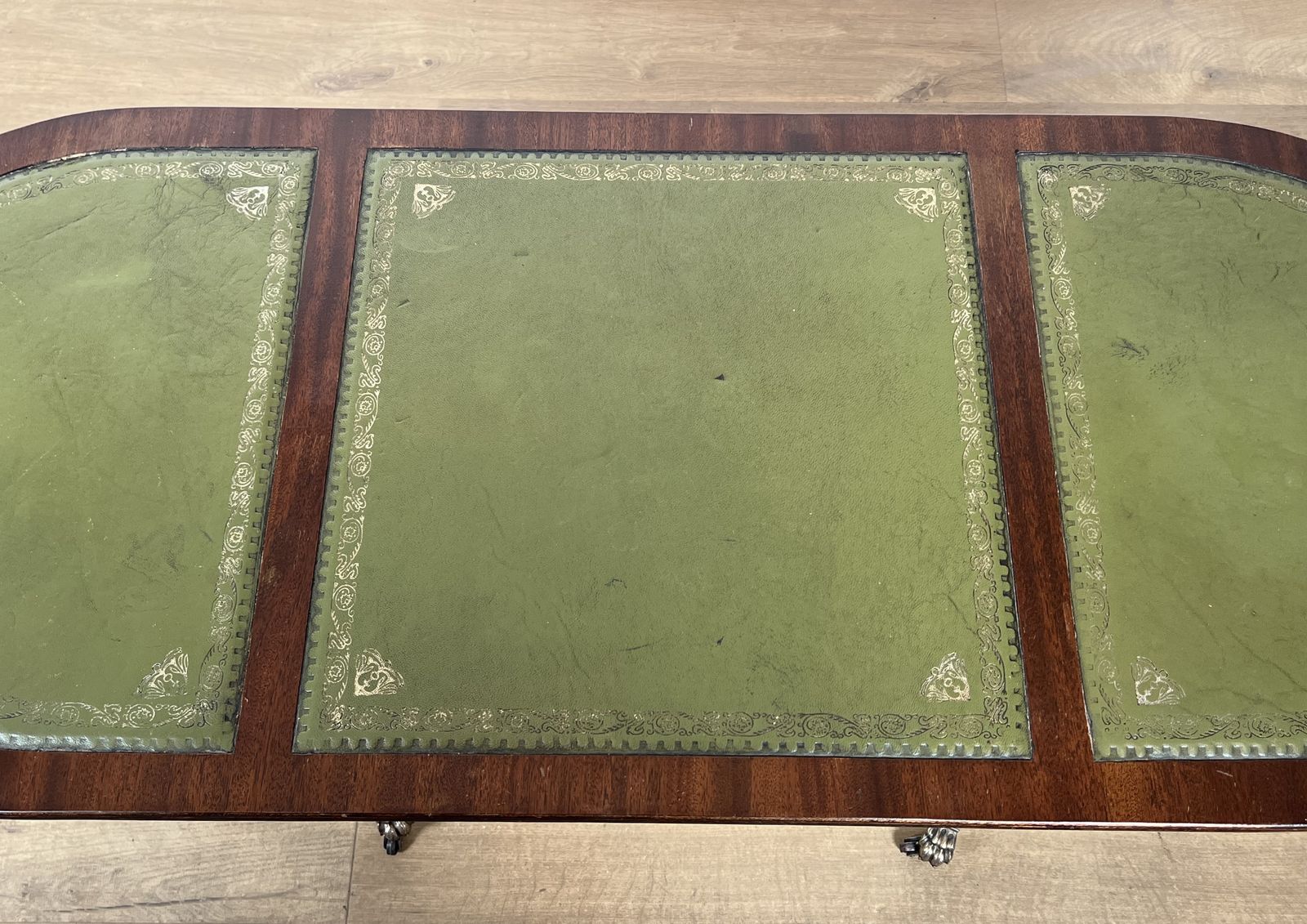 Furniture Neoclassical Style Coffee Table In Mahogany, Bronze Claw Legs And Green Leather Tops photo