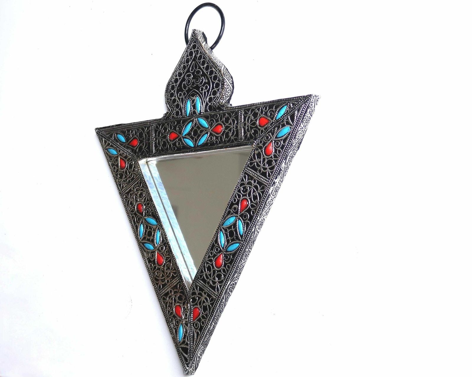 Berber Moroccan Triangular Metal Mirror With Red And Blue Turquoise Pearls, 1980s / Triangle, Folk, Morocco, Arab, Arabian photo furniture