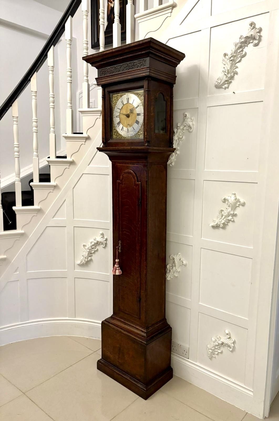 photo for sale Outstanding Quality Antique 18th Century Oak And Burr Oak Brass Face Longcase Clock