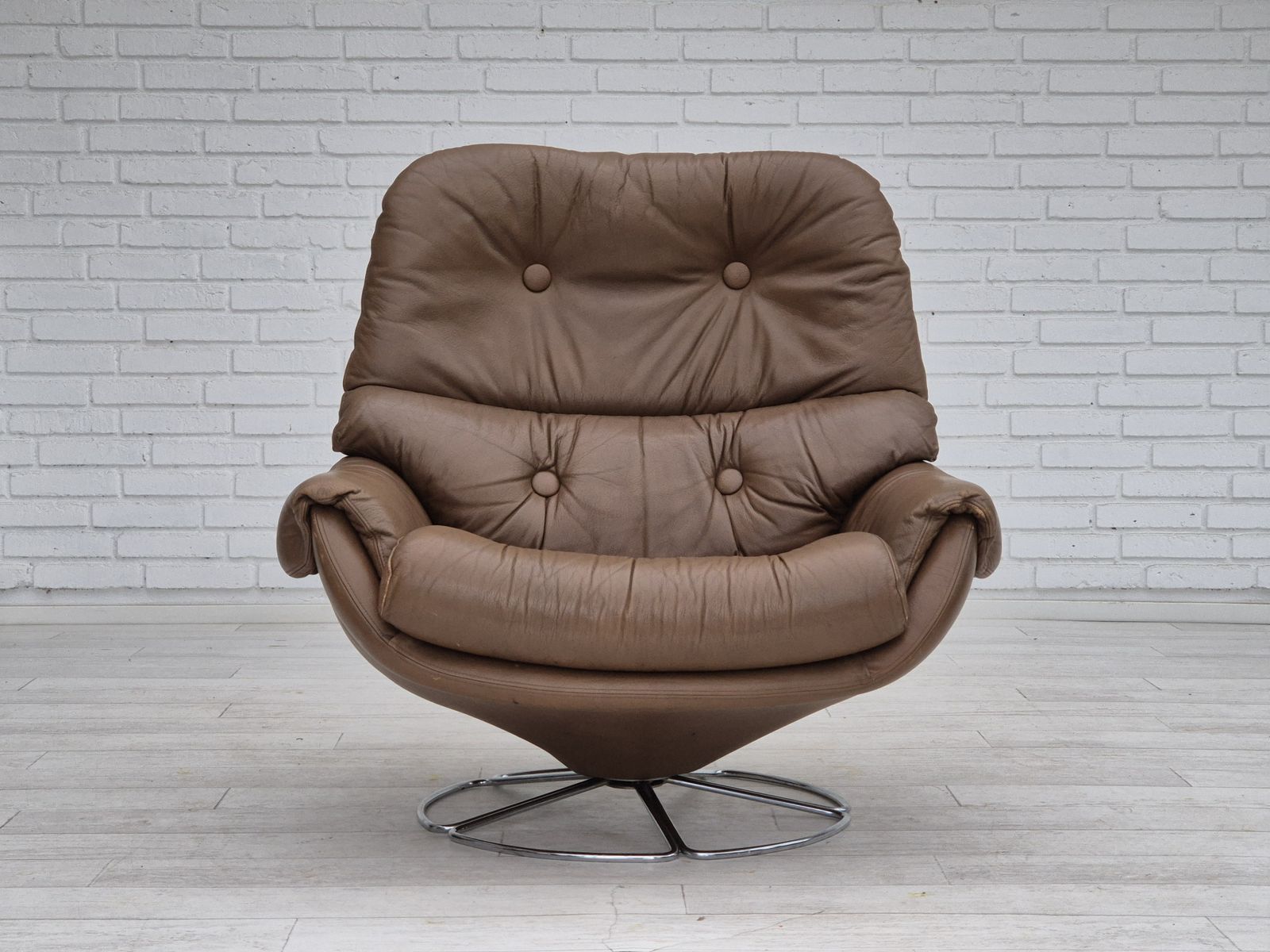 1970s, Scandinavian Swivel Chair, Original Condition, Brown Furniture Leather. photo for sale