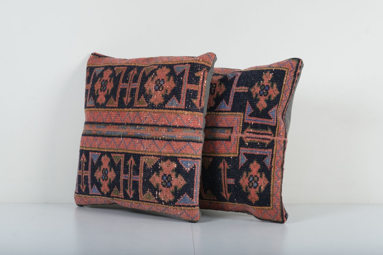Pair Of Muted Turkish Rug Pillow Covers   Set Terracotta Blue Ethnic Carpet Cushions photo Textiles