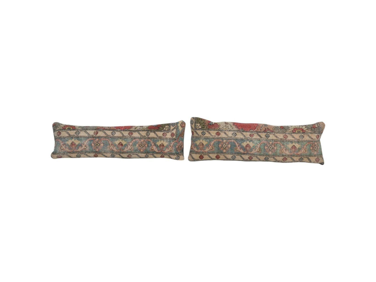 Pair Of Muted Ethnic Turkish Rug Pillows   Dark Red And Blue Carpet Bedding Cushions
