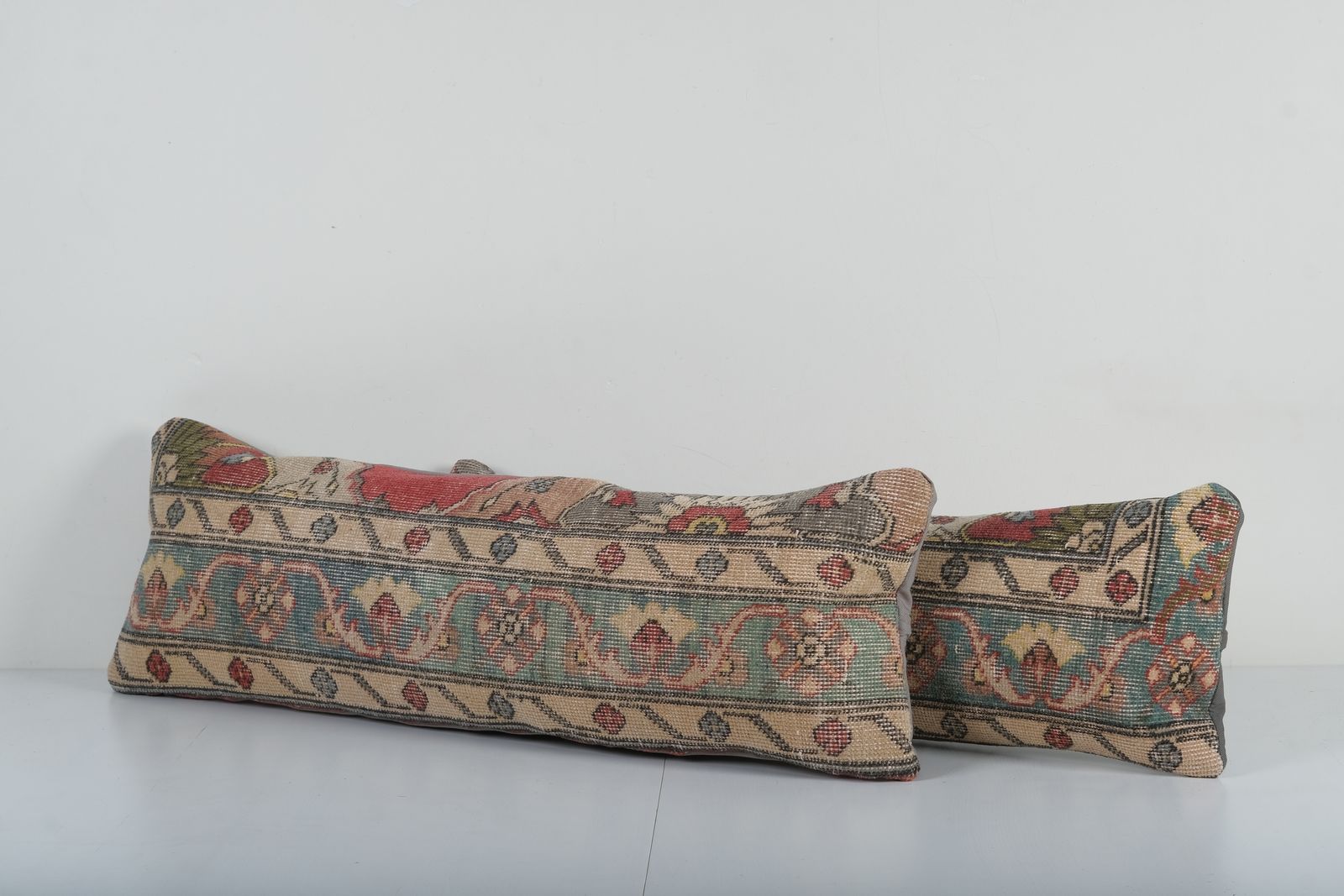 Pair Of Muted Ethnic Turkish Rug Pillows   Dark Red And Blue Carpet Bedding Cushions photo for sale