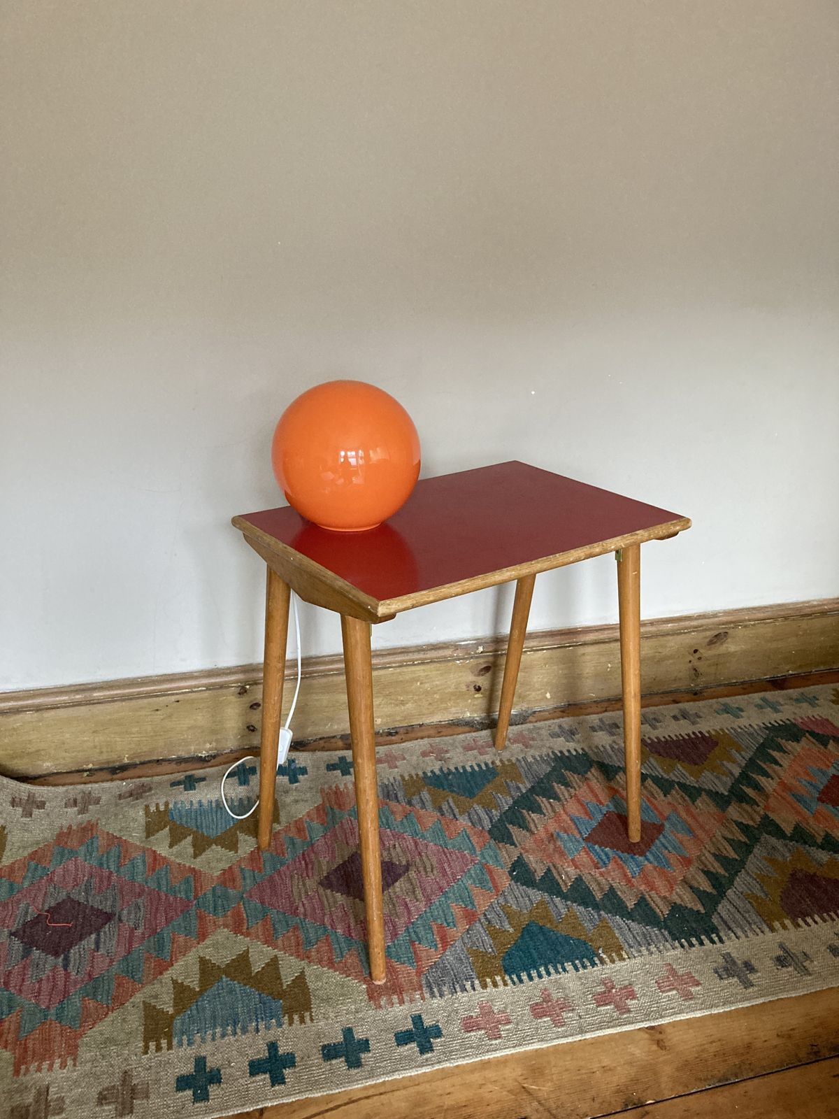 Side Table With Red Melamine Top & Wooden Legs 1950s