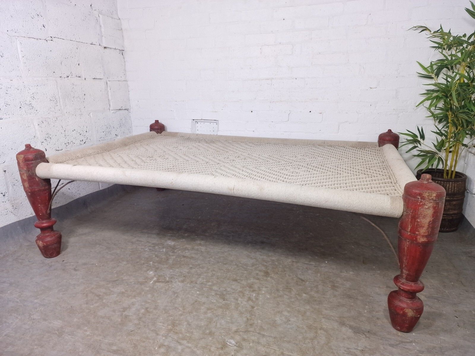 Large Antique Vintage Indian Wooden String Khatt Charpai Day Bed Sun Lounger photo furniture
