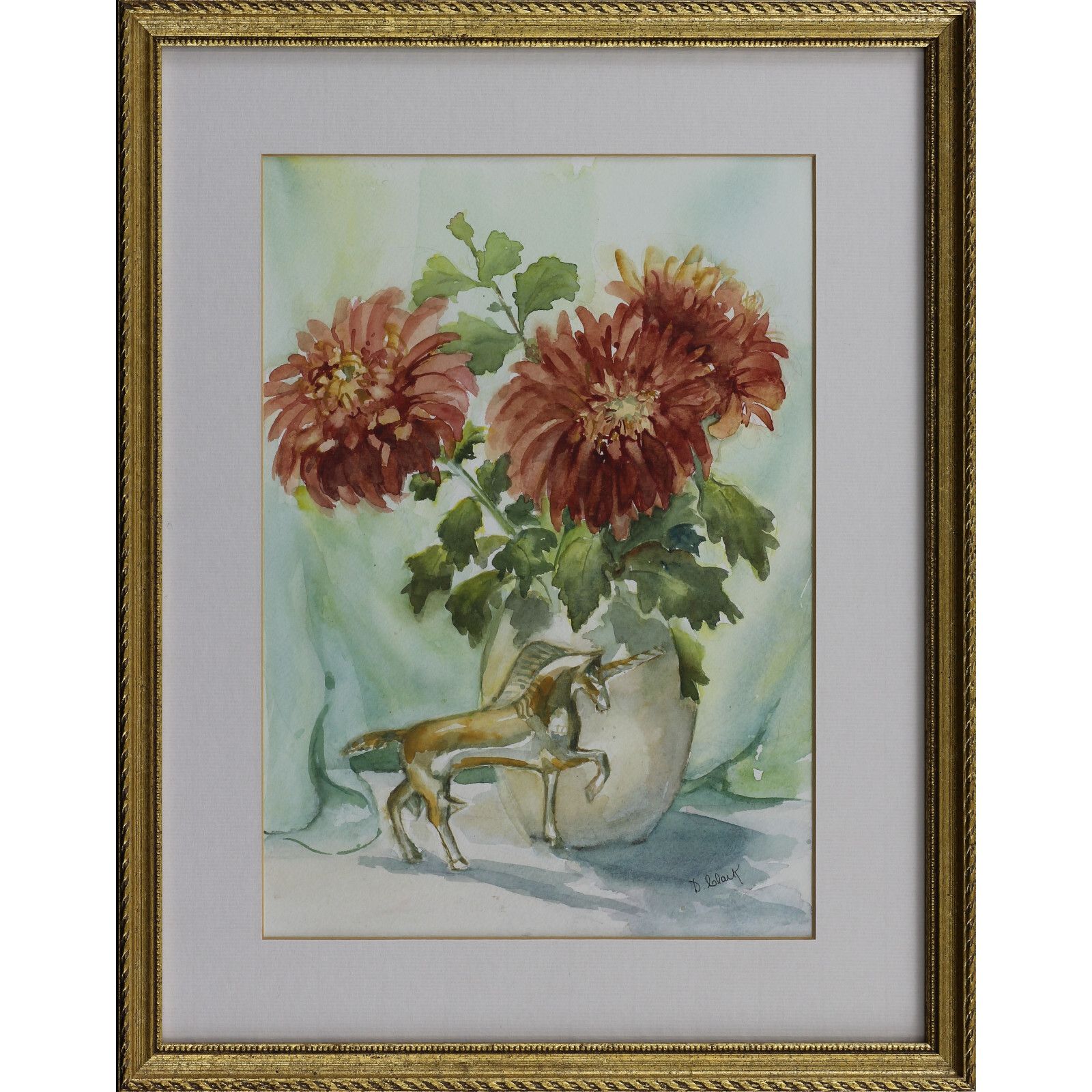 Watercolour By D. Clark. Subject Is Still Life, Flowers And Unicorn.