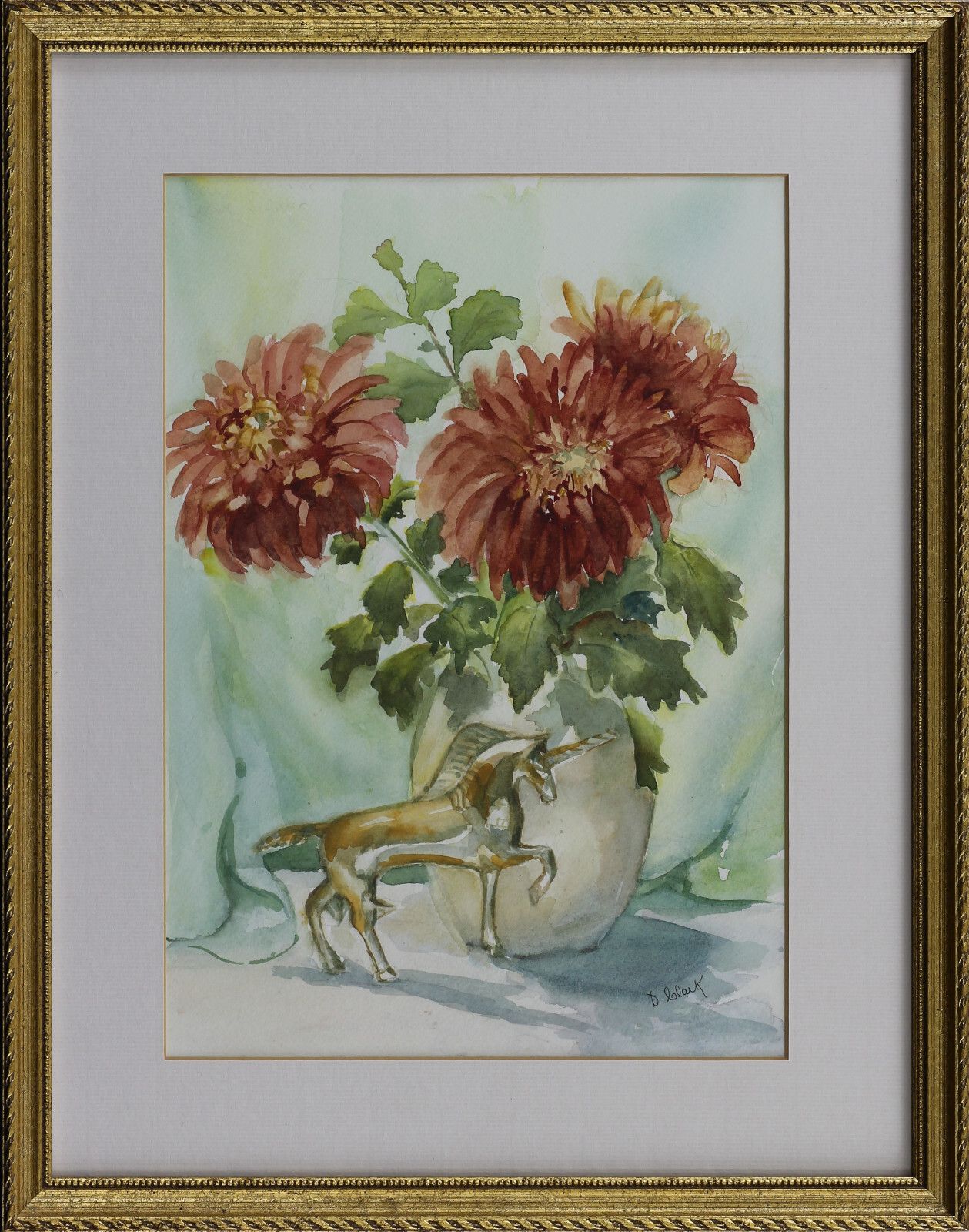 Watercolour By D. Clark. Subject Is Still Life, Flowers And Unicorn. photo Art