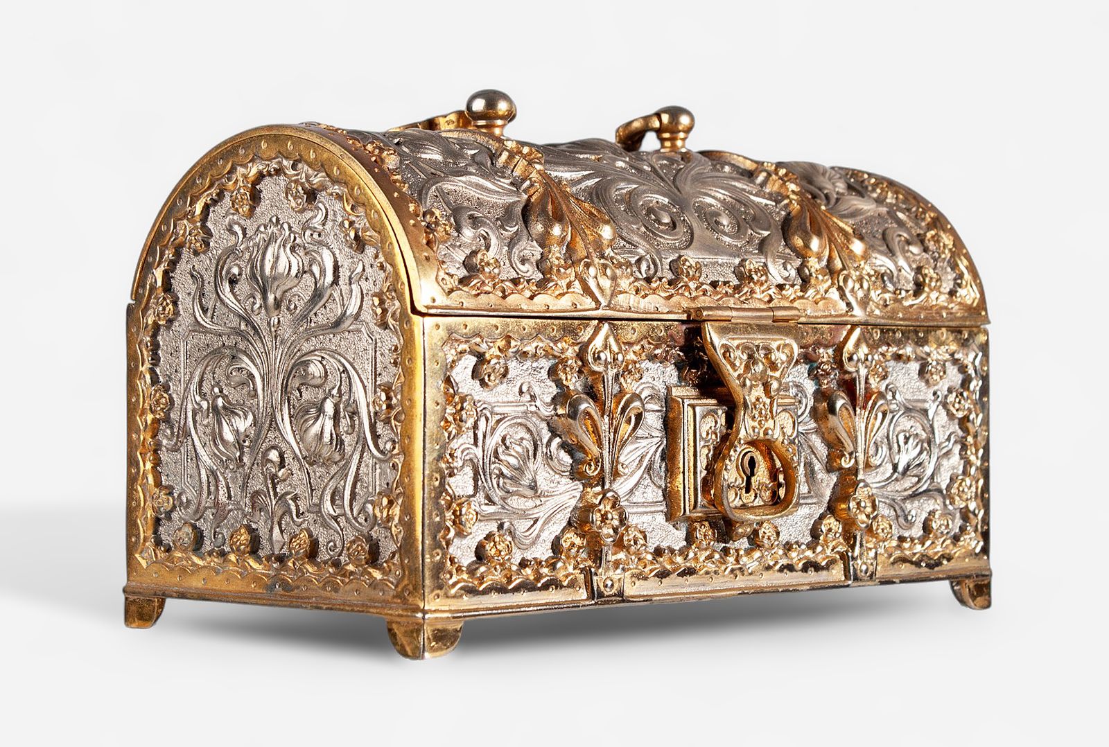 1900s Jugendstil Golden And Silver Brass Jewelry Casket With Blue Velvet Lined Interior By Erhard & Söhne, Germany photo furniture