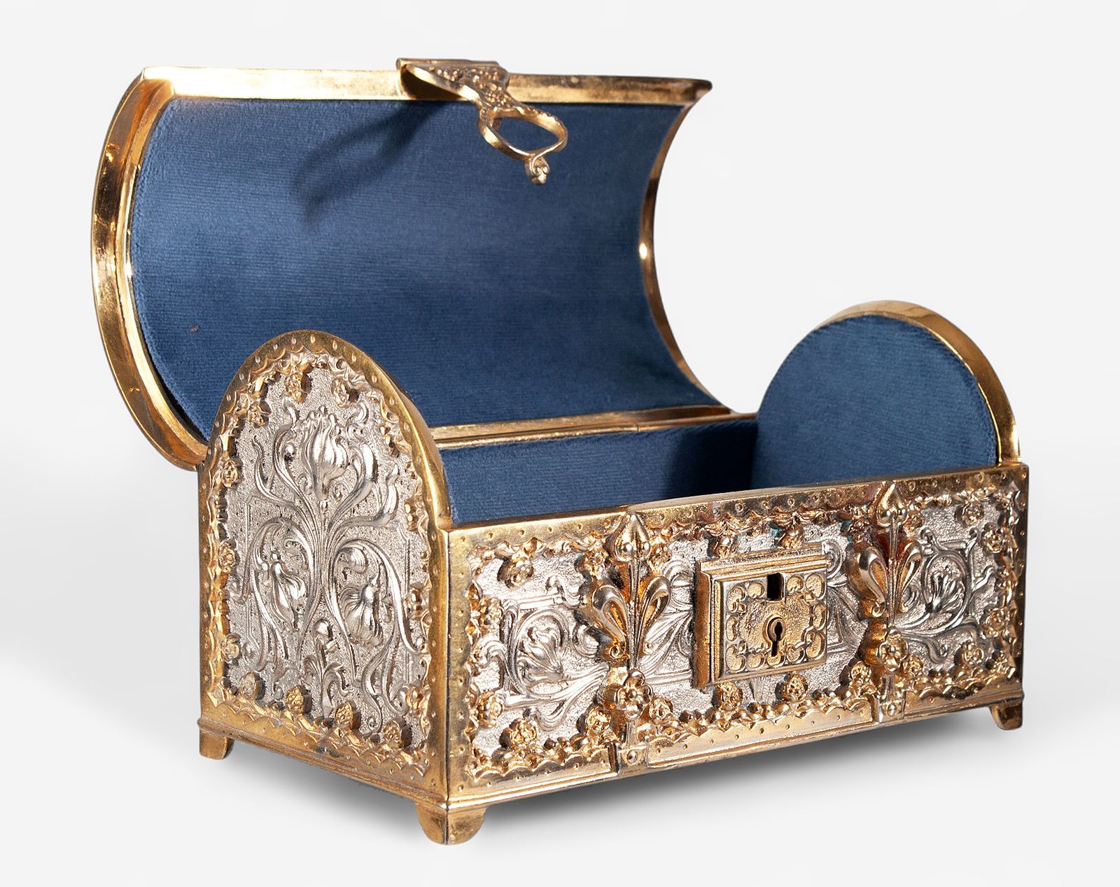 1900s Jugendstil Golden And Silver Brass Jewelry Casket With Blue Velvet Lined Interior By Erhard & Söhne, Germany photo Home Decor