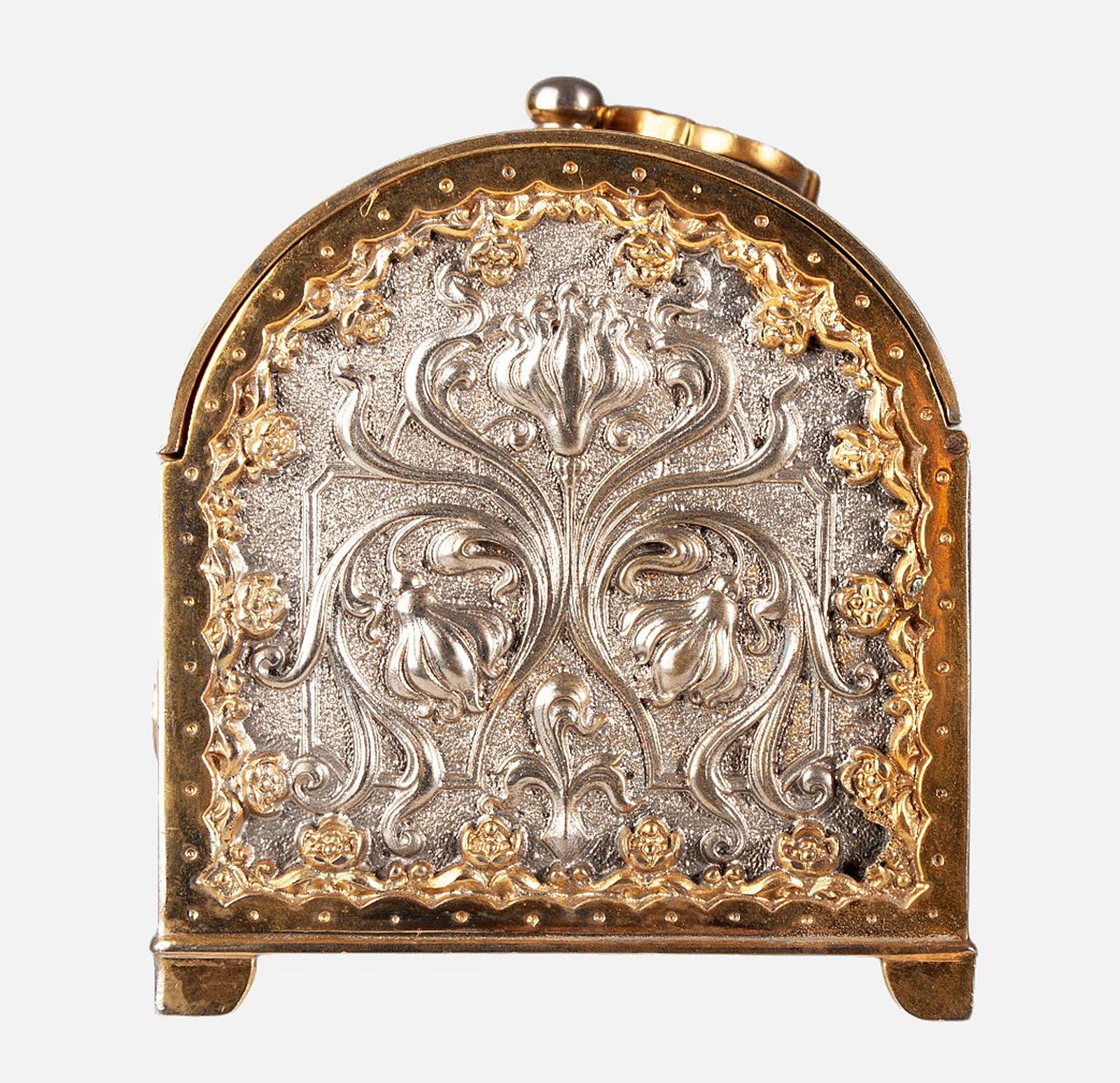 1900s Jugendstil Golden And Silver Brass Jewelry Casket With Blue Velvet Lined Interior By Erhard & Söhne, Germany photo vintage