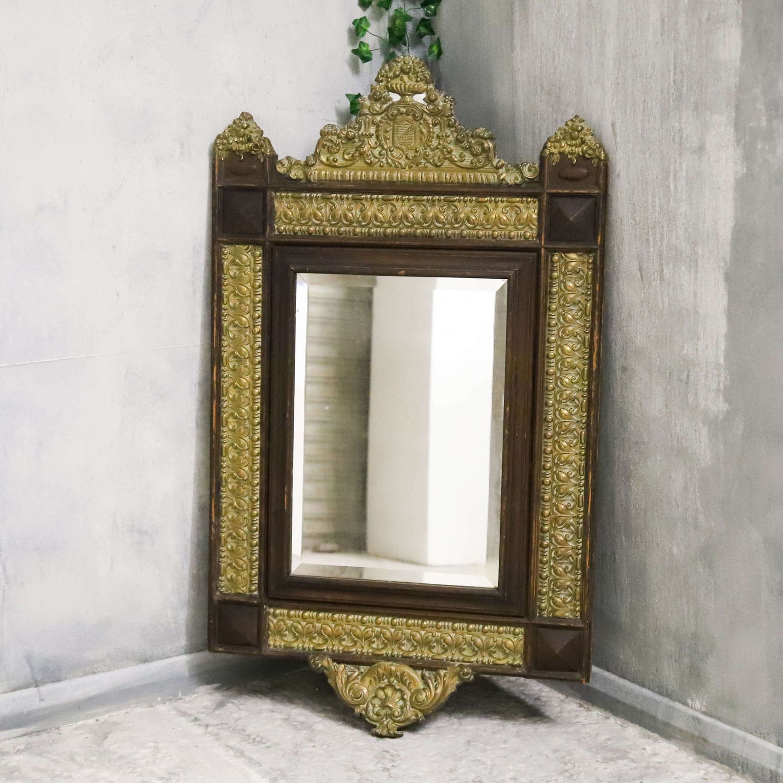 French Pressed Brass Mirror In Oak Frame With Family Crest Circa 1880 photo vinterior