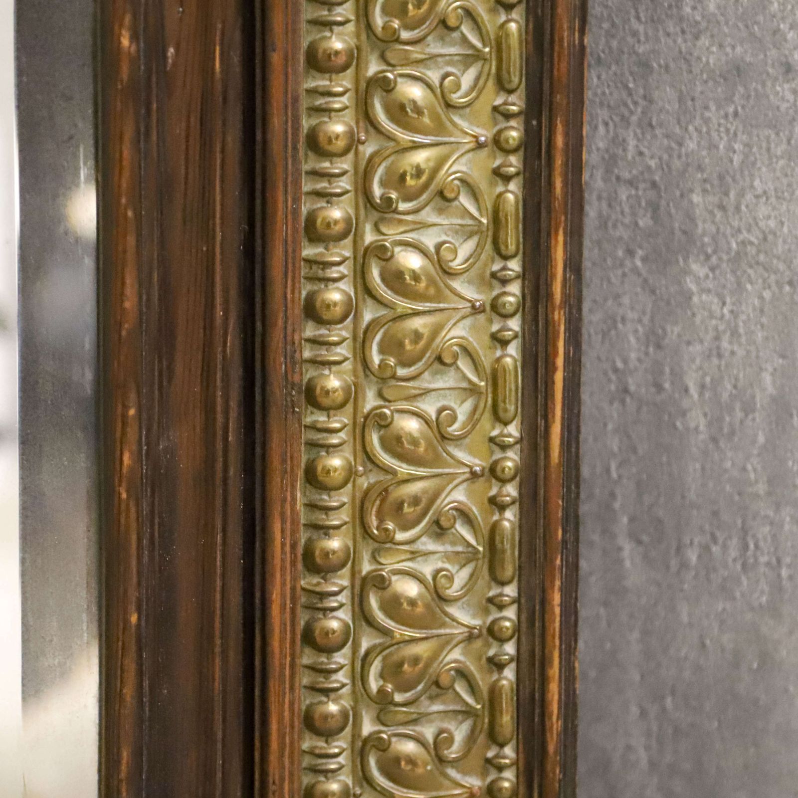 photo for sale French Pressed Brass Mirror In Oak Frame With Family Crest Circa 1880