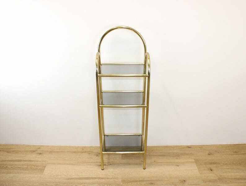 Vintage Mid Century Modern Shelves/Hollywood Regency Shelving With Smoked Glass 80's/Bathroom Stand/Flower Stand/Book Stand photo furniture
