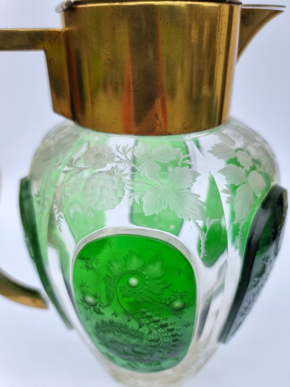 19th Century Bohemian Glass Claret Jug With Finely Cut Green Glass Panels Circa 1890 photo vinterior