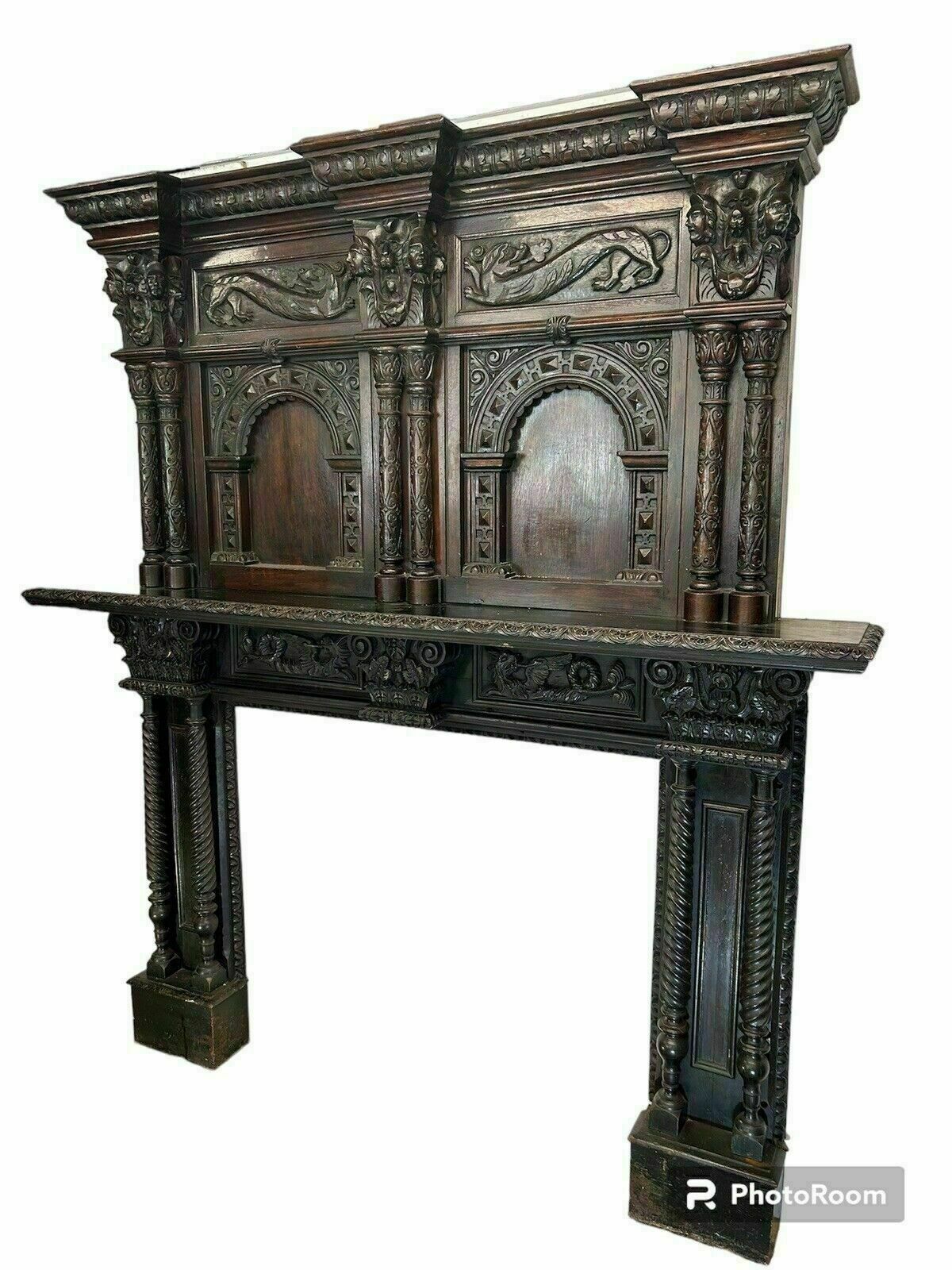 Solid Oak Carved Antique Fireplace Surround Period Wood Overmantel Reclaimed photo for sale