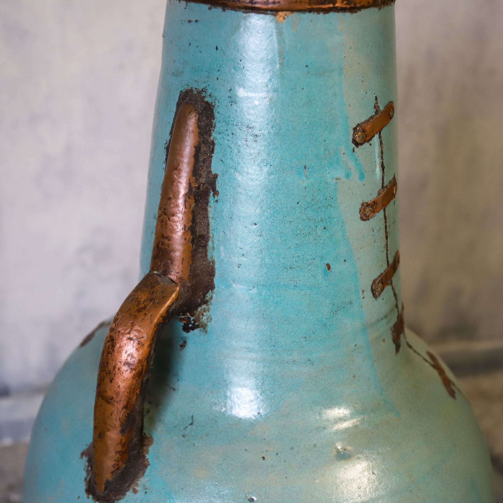2 X French Artisan Vases With Turquoise Ceramique And Copperised Glaze photo for sale