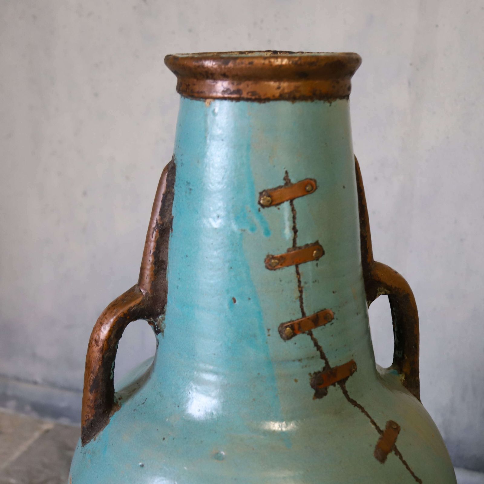 2 X French Artisan Vases With Turquoise Ceramique And Copperised Glaze photo 1990.0