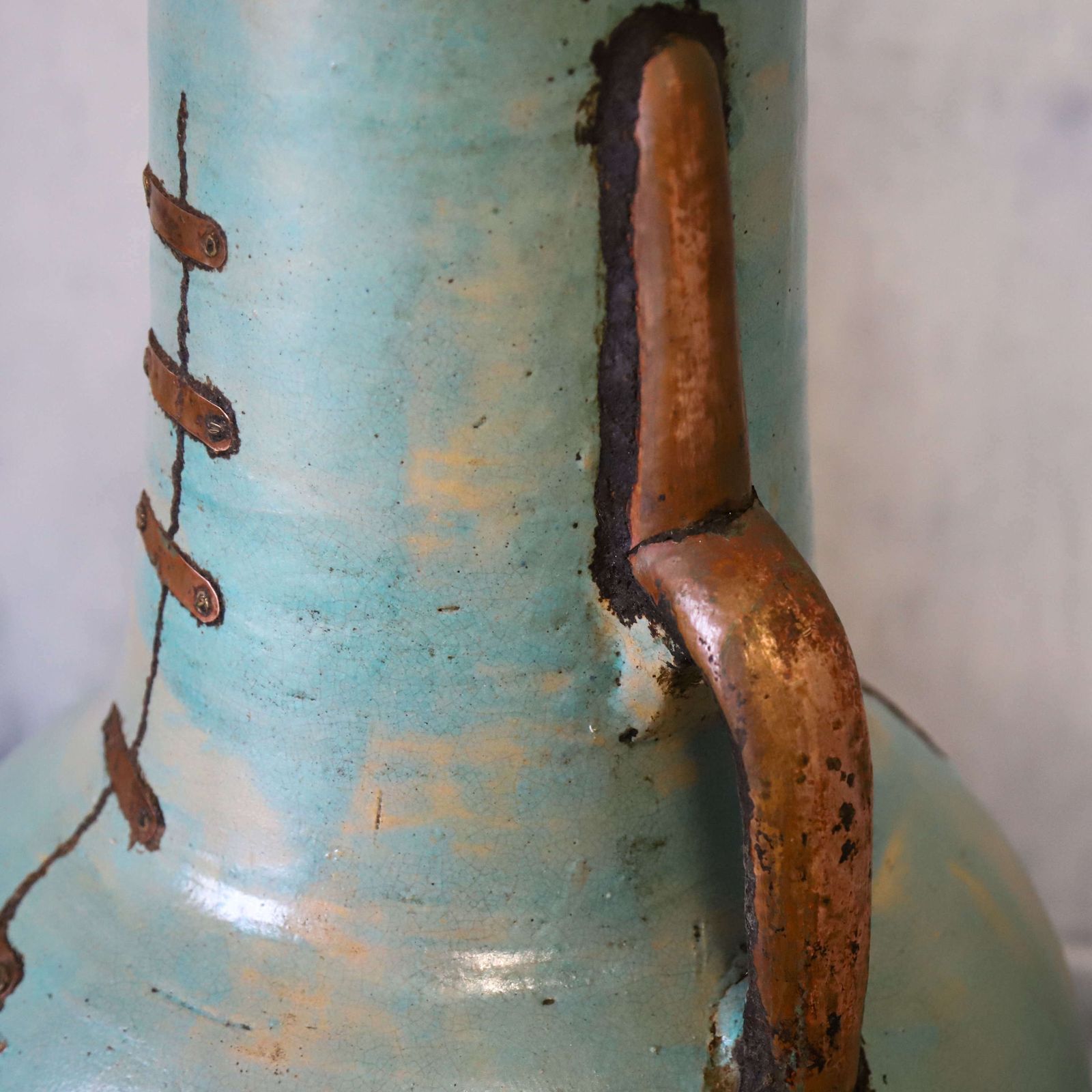 2 X French Artisan Vases With Turquoise Ceramique And Copperised Glaze photo buy