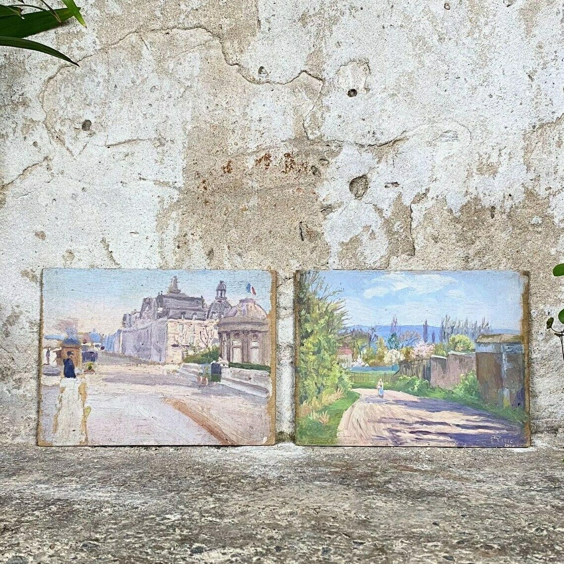 Pair Of Antique French Town & Countryside Oil Paintings On Board Signed 1913 photo furniture