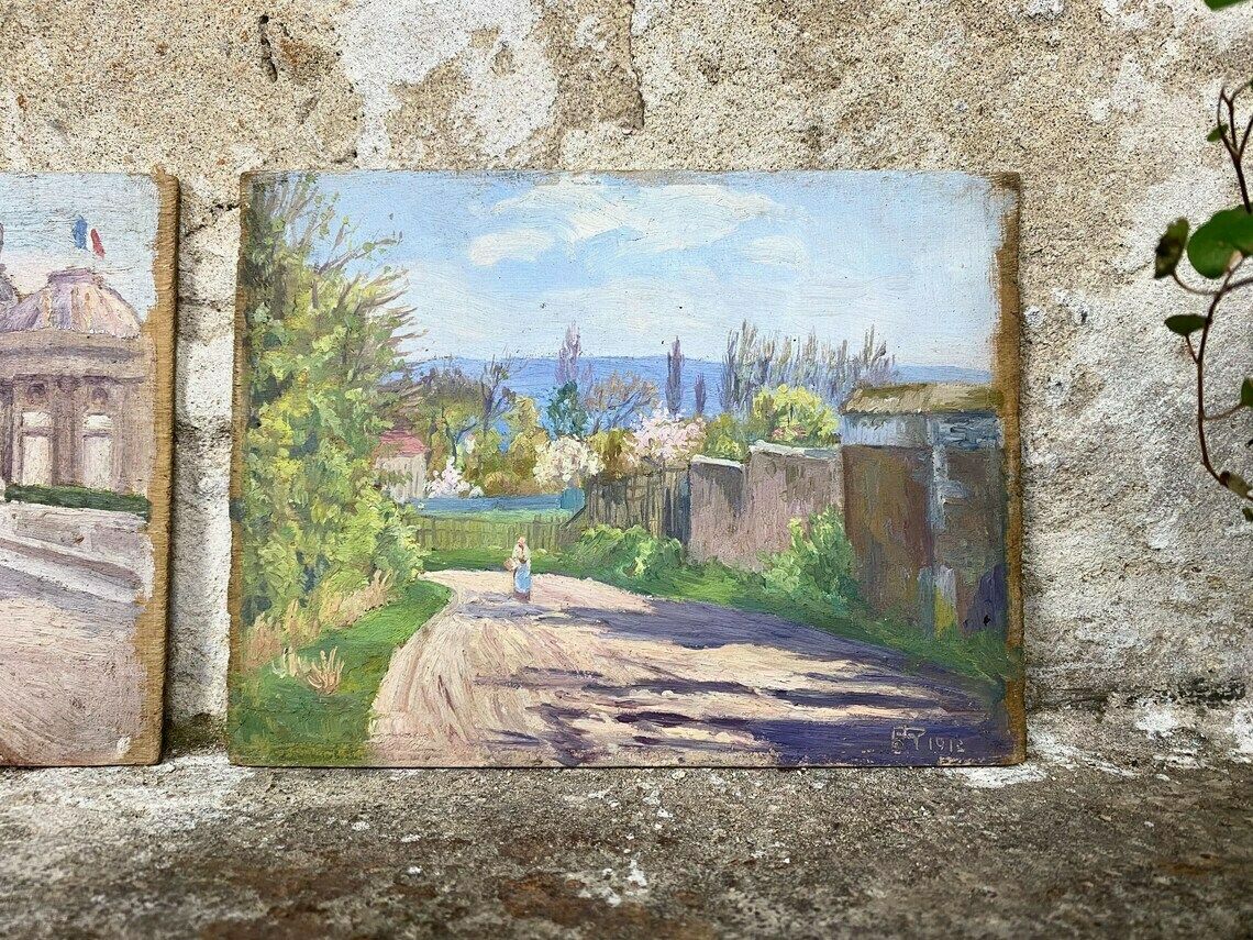Pair Of Antique French Town & Countryside Oil Paintings On Board Signed 1913 photo Art
