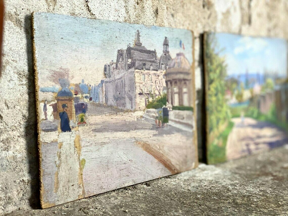 Pair Of Antique French Town & Countryside Oil Paintings On Board Signed 1913 photo vintage