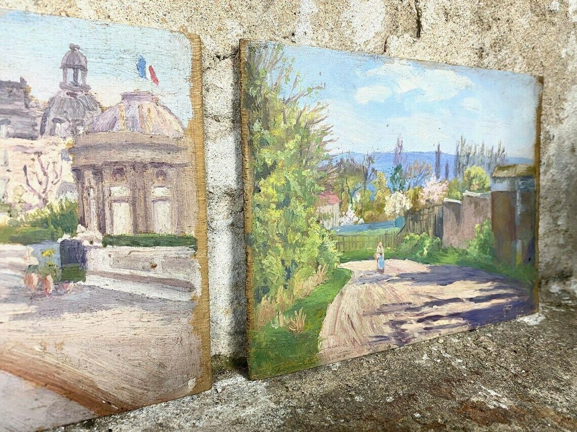 photo furniture Pair Of Antique French Town & Countryside Oil Paintings On Board Signed 1913