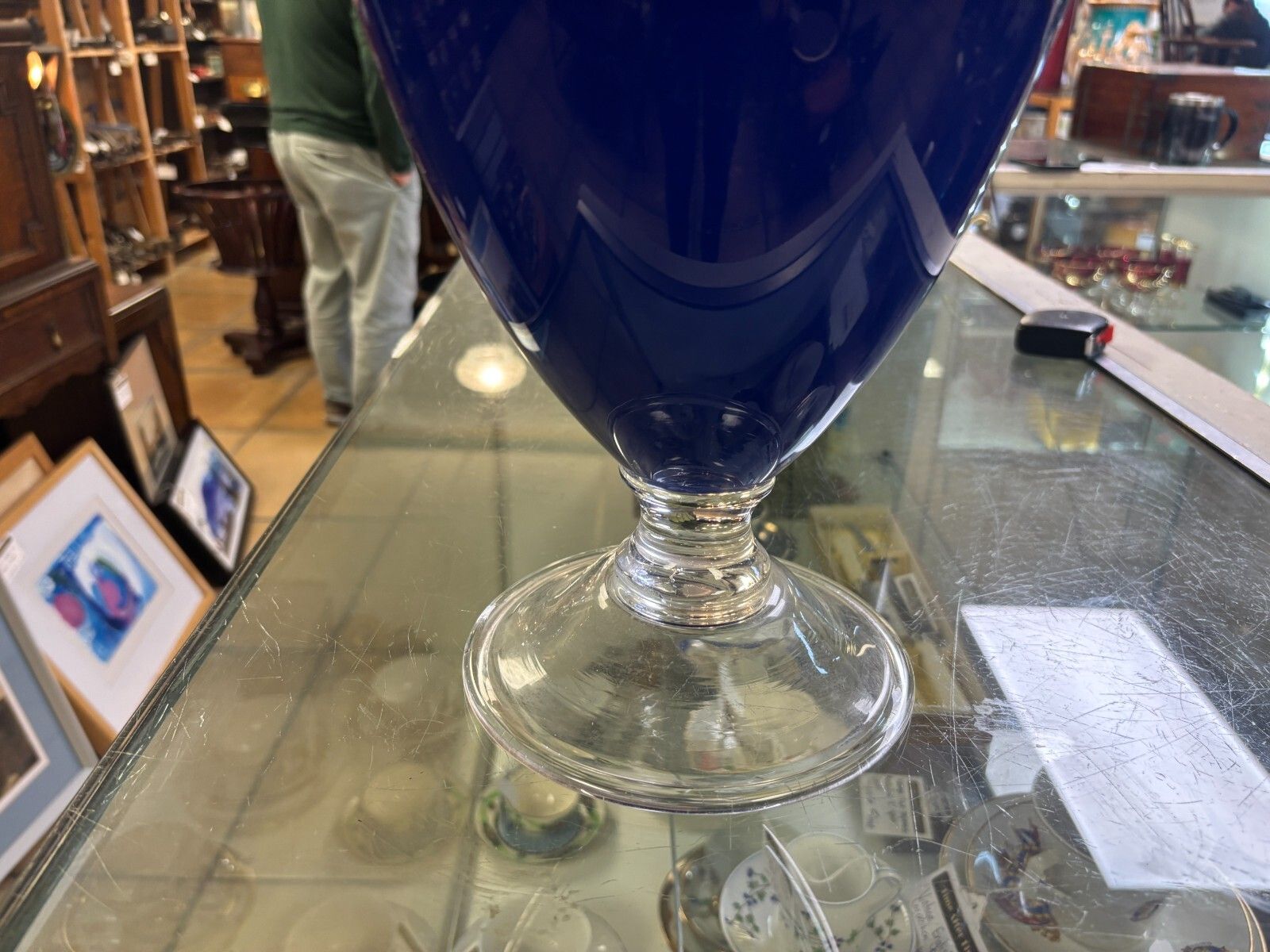 Unusual Large Hand Blown Blue & Green Glass Vase With Clear Base photo buy