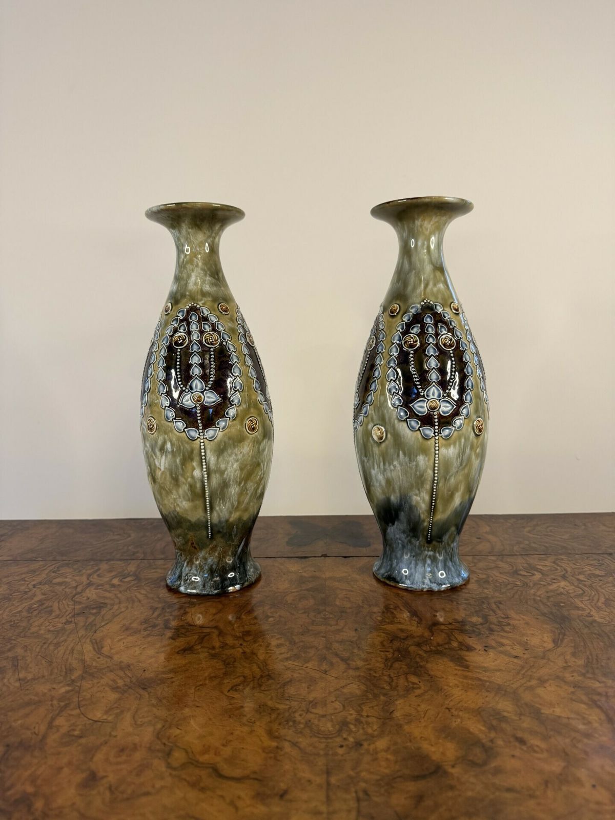 Elegant Quality Pair Of Art Nouveau Royal Doulton Shaped Vases