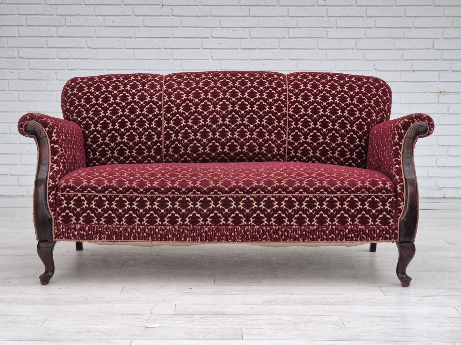 1950s, Danish 3 Seater Sofa, Original Condition, Furniture Velour, Beech Wood. photo furniture