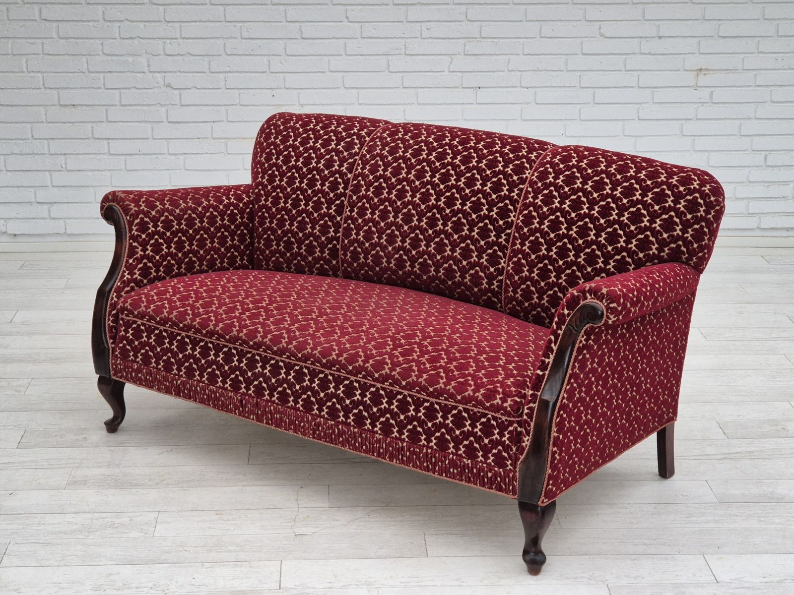 photo for sale 1950s, Danish 3 Seater Sofa, Original Condition, Furniture Velour, Beech Wood.