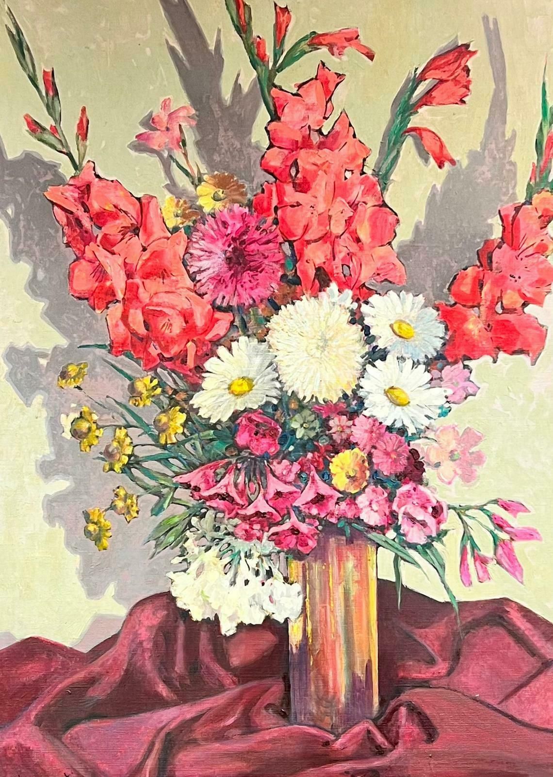 1960's Europen Oilhuge 1960's European Still Life Burst Of Color Flowers In Vase