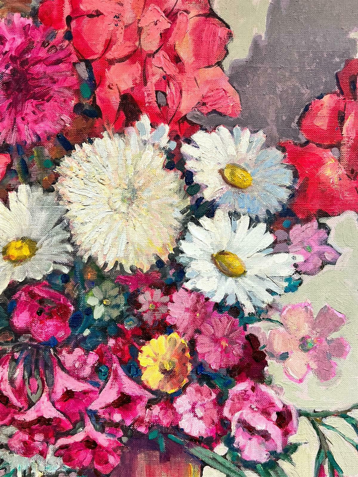 1960's Europen Oilhuge 1960's European Still Life Burst Of Color Flowers In Vase photo furniture
