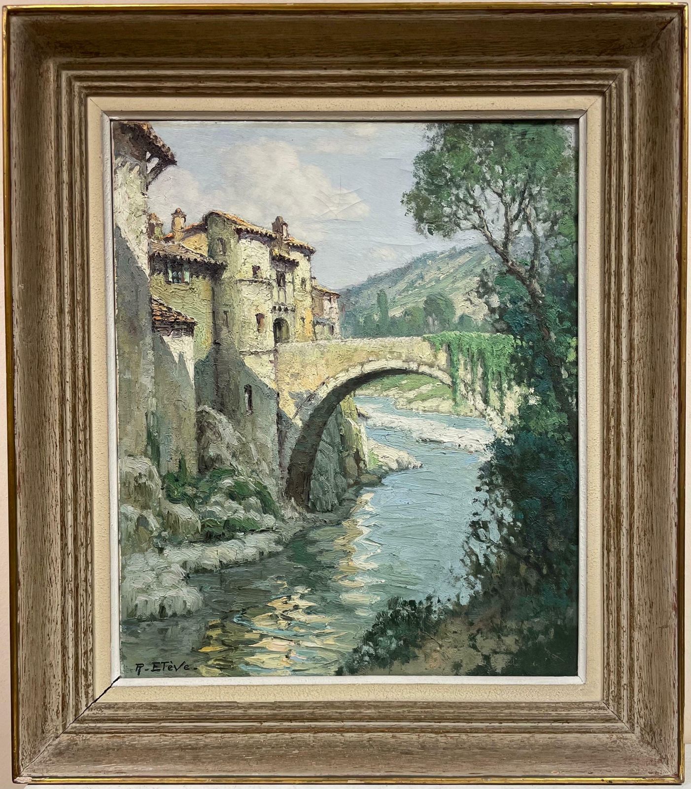 Felix Raoul Etevelarge 1950's French Impressionist Signed Old Bridge Over River Landscape1950's