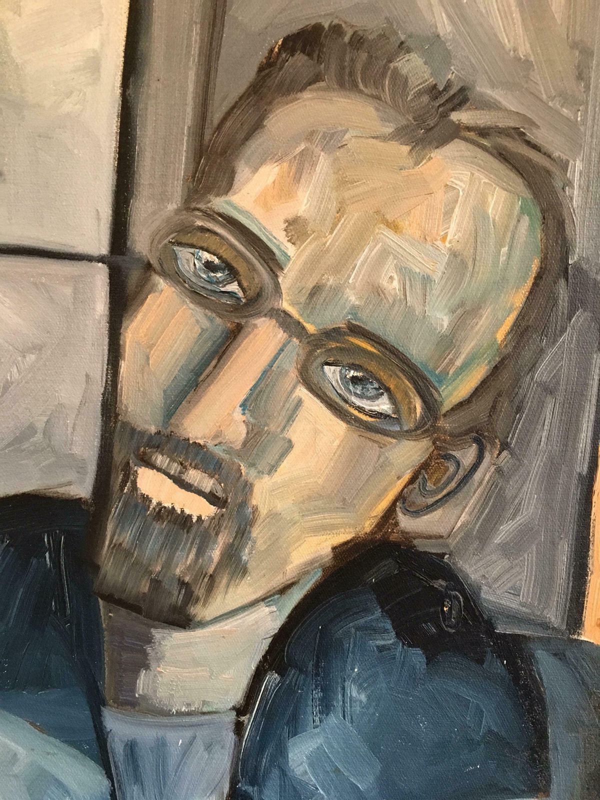 Beatrice Werliestylish Man In Glasses, Portrait, Blue Colour , Original Oil Painting C.2000 photo Art
