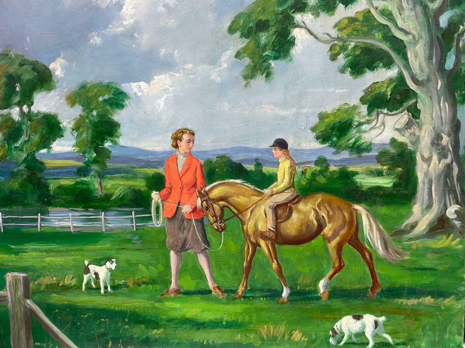 English Sporting Art1950's English Oil Mother & Daughter Horse Riding Lesson & Two Jack Russel Dogs1950's
