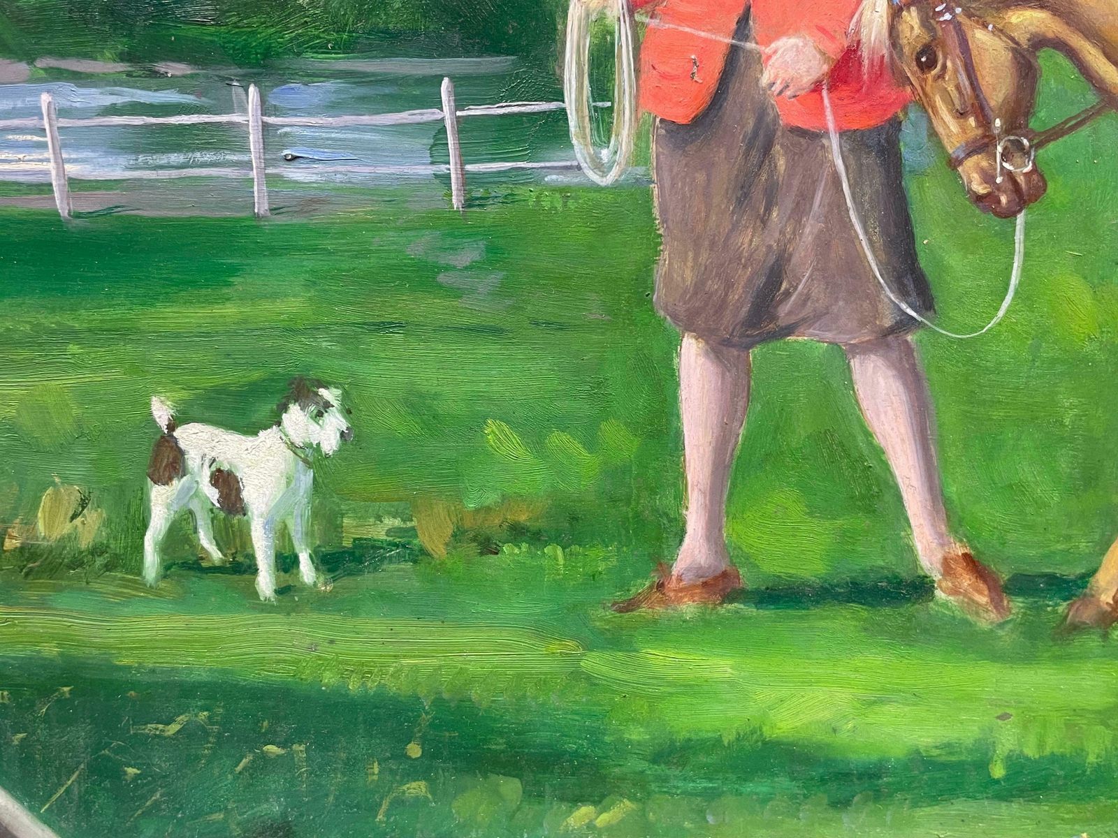 English Sporting Art1950's English Oil Mother & Daughter Horse Riding Lesson & Two Jack Russel Dogs1950's photo Art