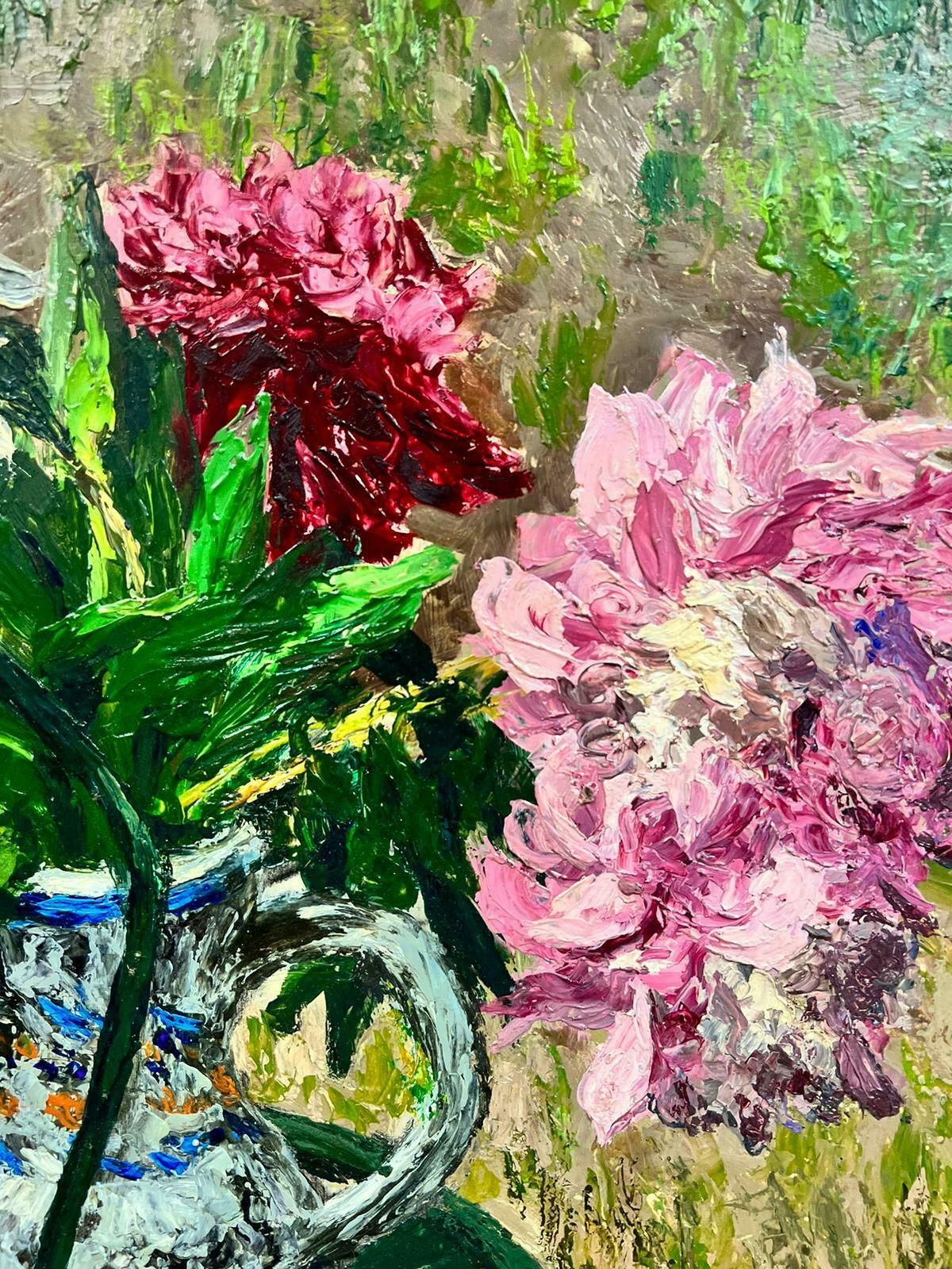 Josine Vignoncolor Bursting Flowers In A Vase Resting On A Green Garden Chair Thick Oil 1960's photo Art