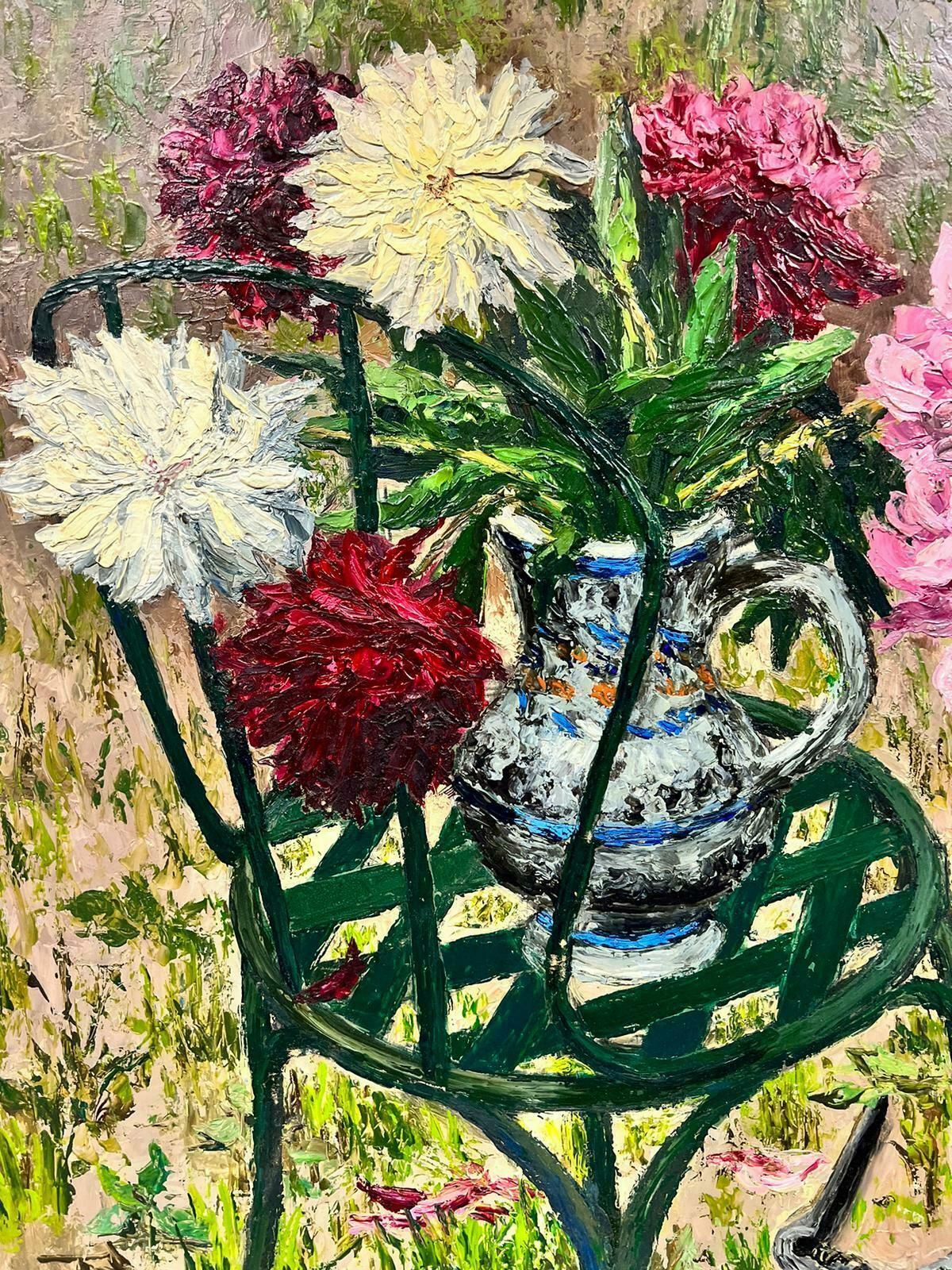 Josine Vignoncolor Bursting Flowers In A Vase Resting On A Green Garden Chair Thick Oil 1960's photo 1428.0