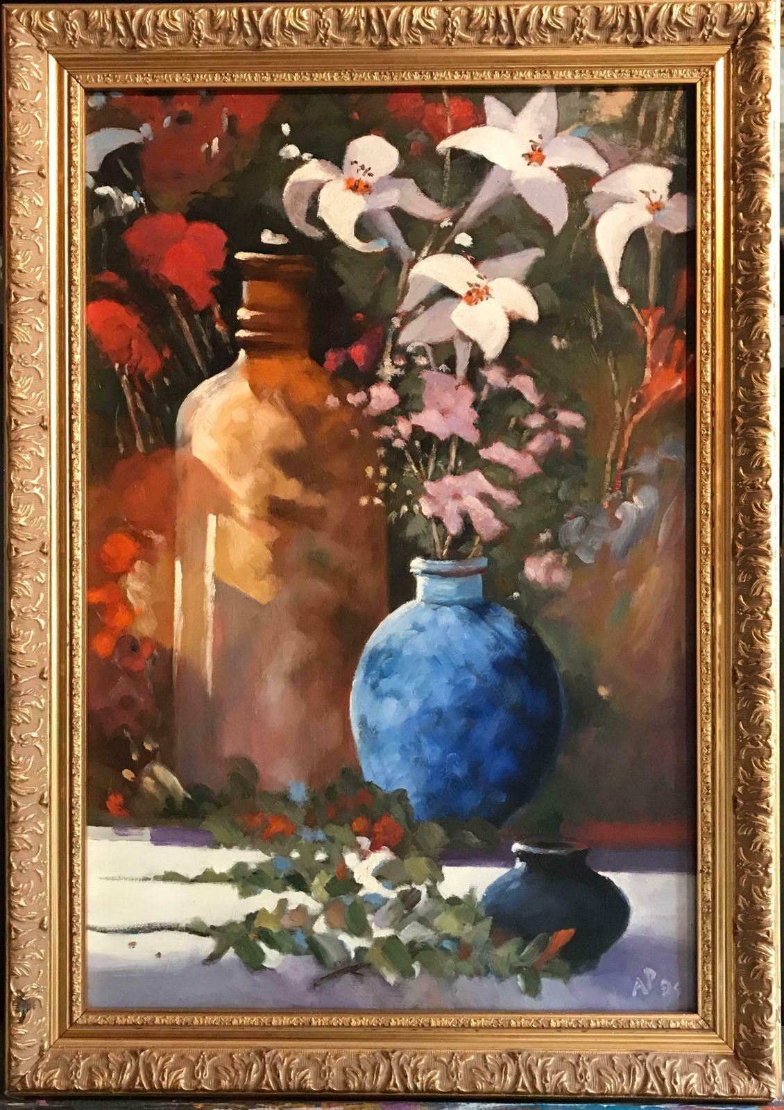 Arthur Passbritish Still Life Lilies And Blue Vase, Signed Oilc. 1995 photo for sale