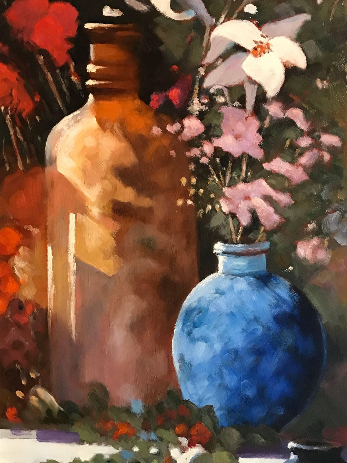 Arthur Passbritish Still Life Lilies And Blue Vase, Signed Oilc. 1995 photo vinterior